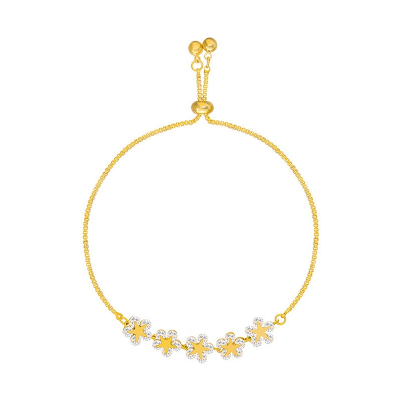 Pulseira Feminina com Flores e Zircônia Ajustável Banhado em Ouro 18K